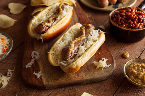 Beer Bratwurst with Sauerkraut and Spicy Mustard